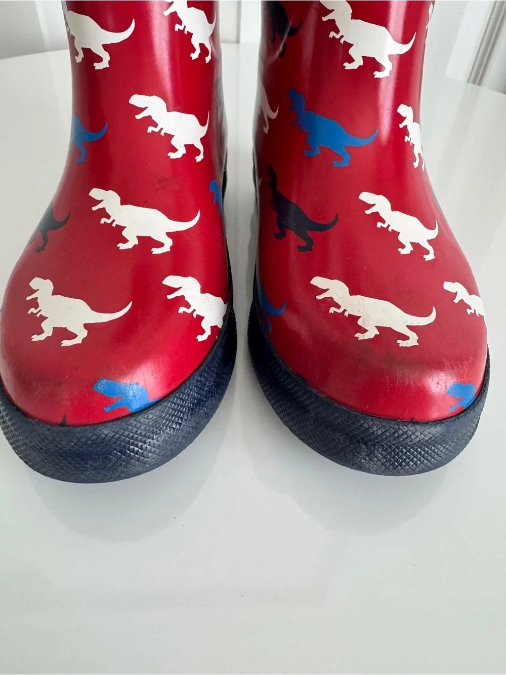 Hatley Red Rain Boots with Blue, White & Black T-Rex Dinosaur Print, size 11